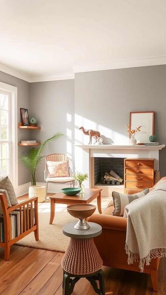 A cozy interior room painted in Toasty Gray N320-2 with warm wooden accents and soft furnishings.
